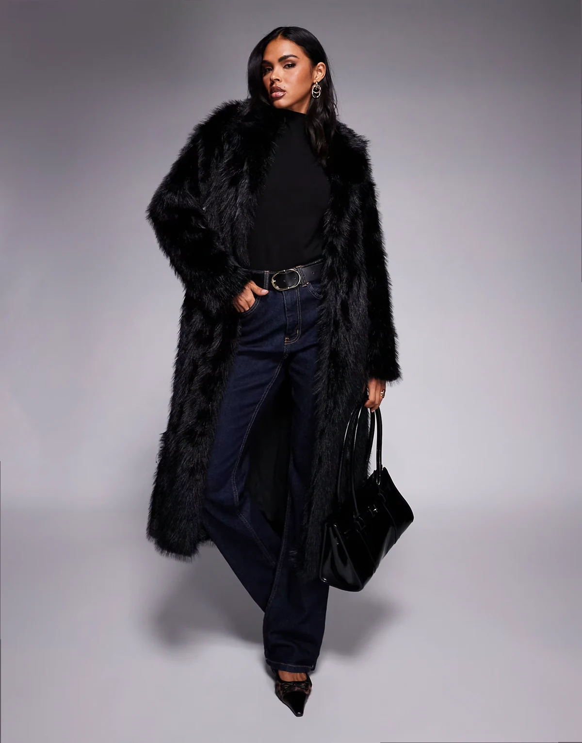 End of Beginning collar detail longline faux fur coat in black