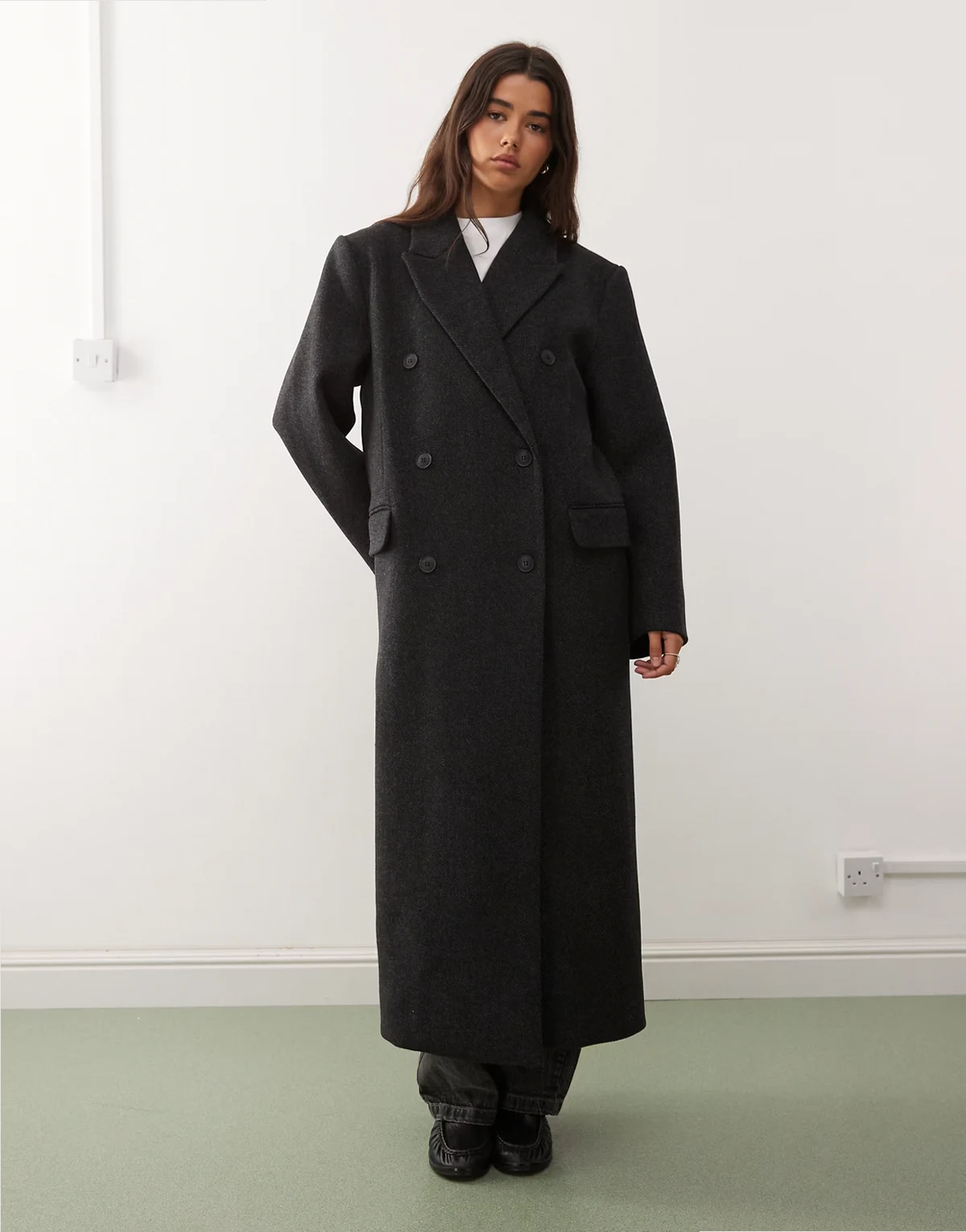 Logan wool blend oversized knee length coat in dark heather gray