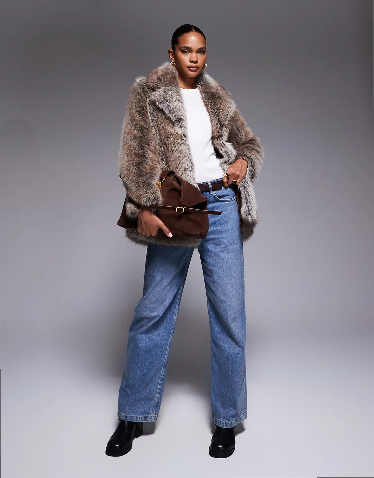 mid length faux fur coat in dark brown