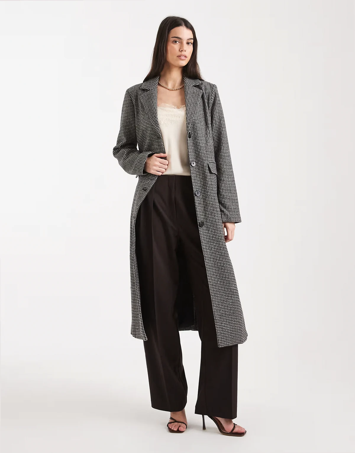plaid maxi formal coat in black and brown