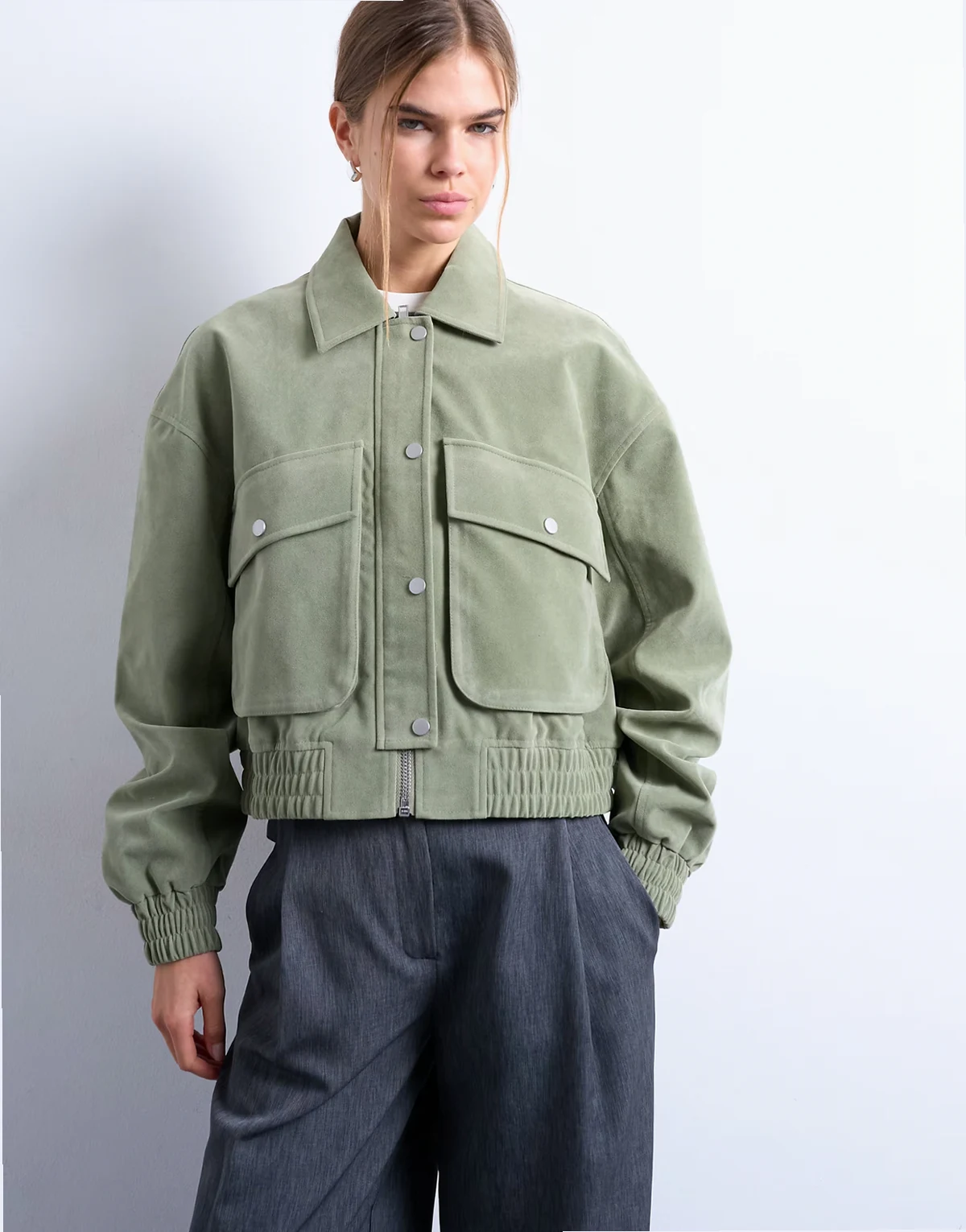 faux suede short jacket with patch pockets in sage