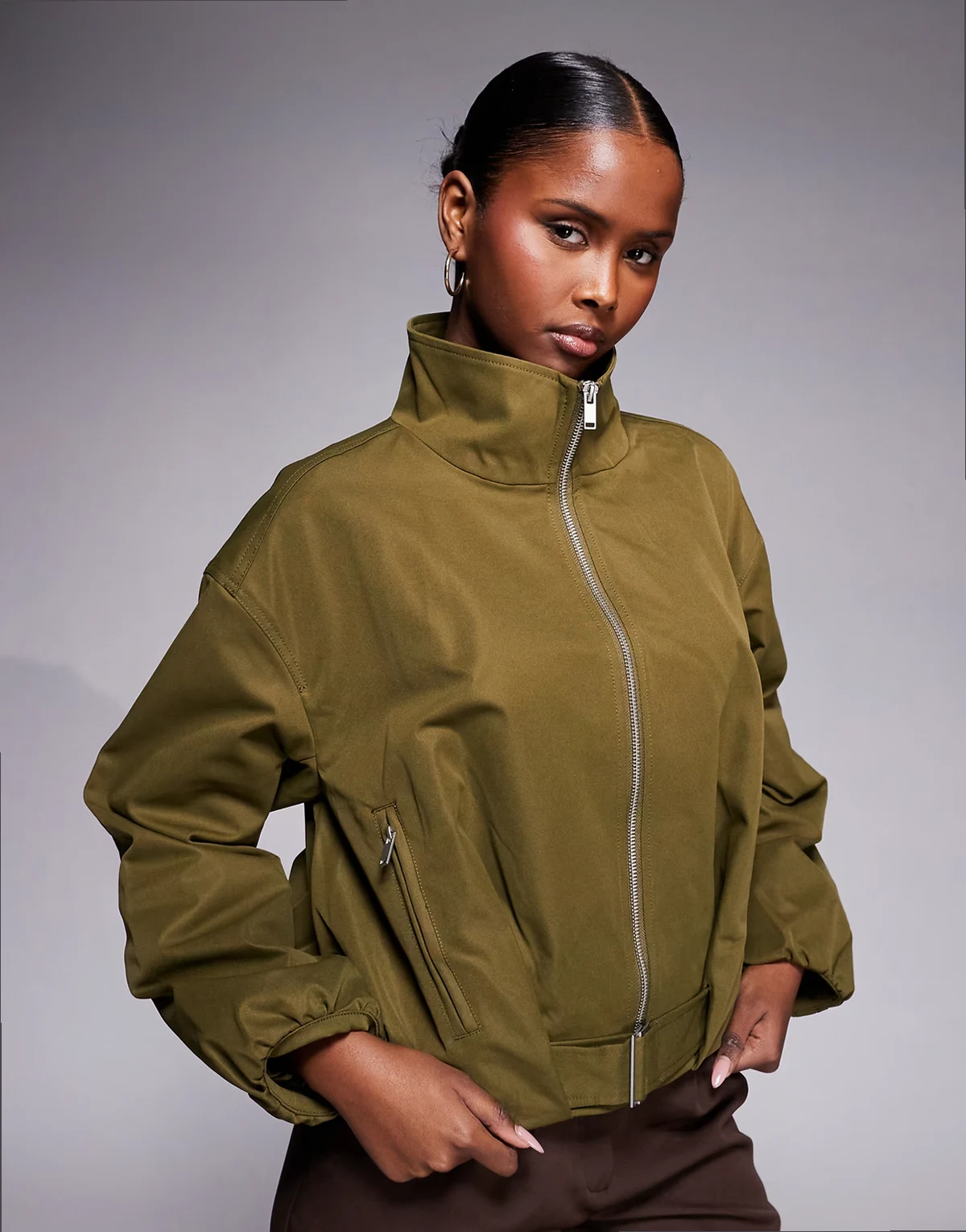 belted funnel neck jacket in khaki