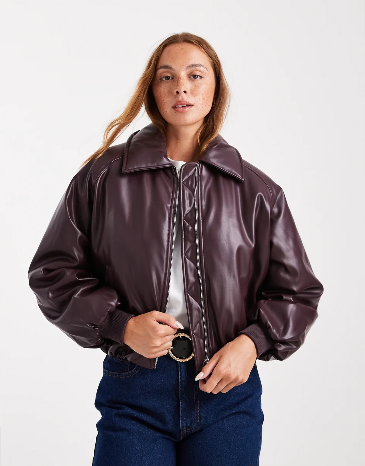 faux leather puff jacket in dark berry