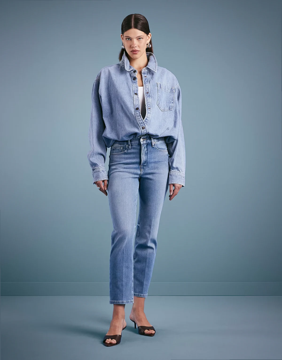 soft tech good legs straight jeans in mid blue