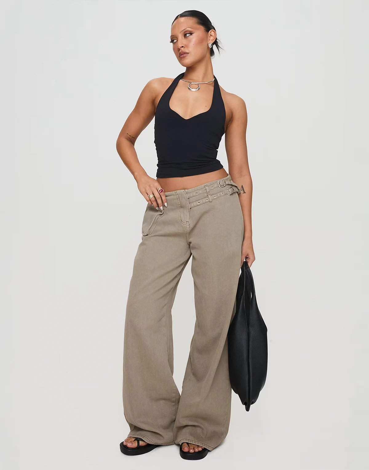 Paltrow mid waist cargo style buckle detail wide leg jeans in stone
