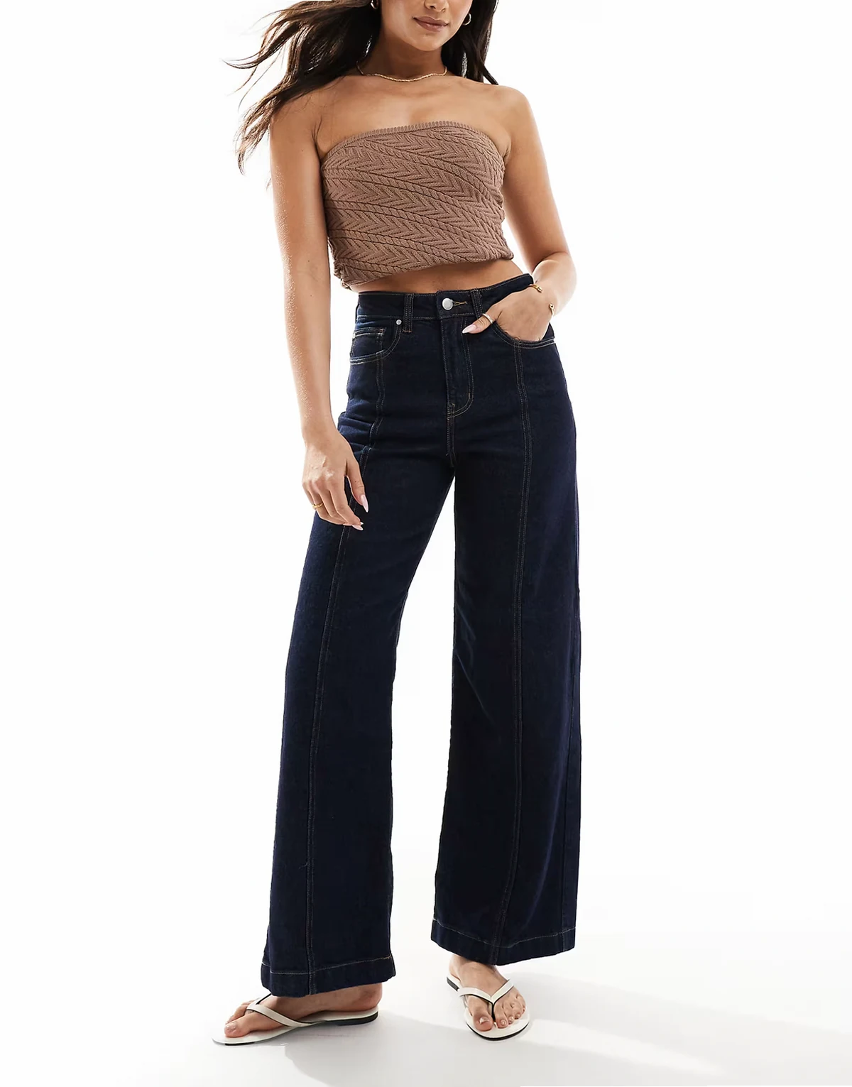 – Hope – Jeans in Dunkelblau mit hohem Bund, weitem Bein und Ziernaht vorne