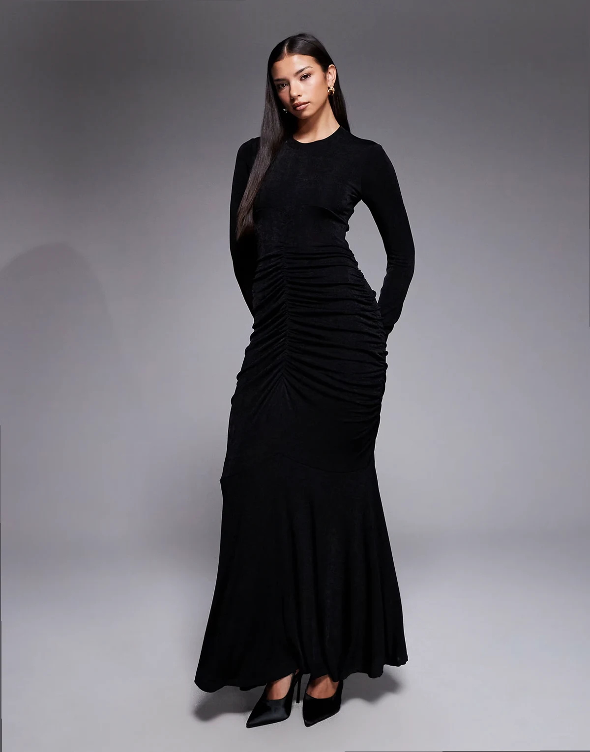 high neck ruched body maxi dress in black