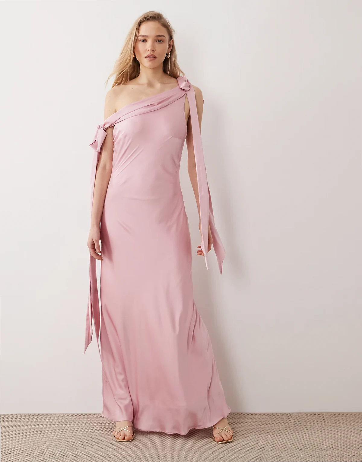 Bridesmaids fallen shoulder satin maxi dress in pink