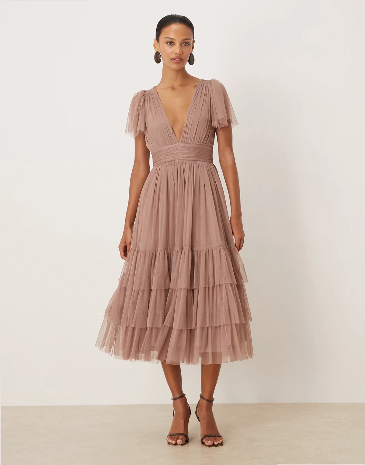 tulle flutter sleeve plunge neck tiered midi dress in taupe