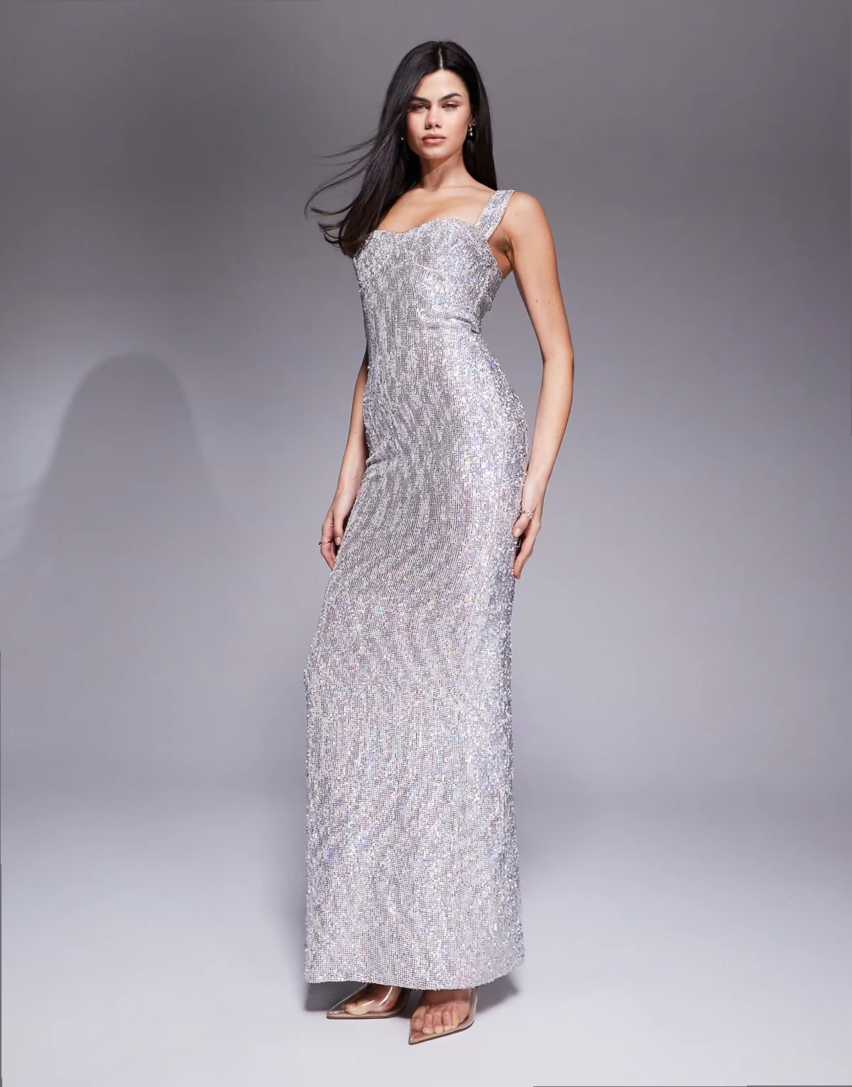 Antonia sequin cup detailing maxi dress in silver