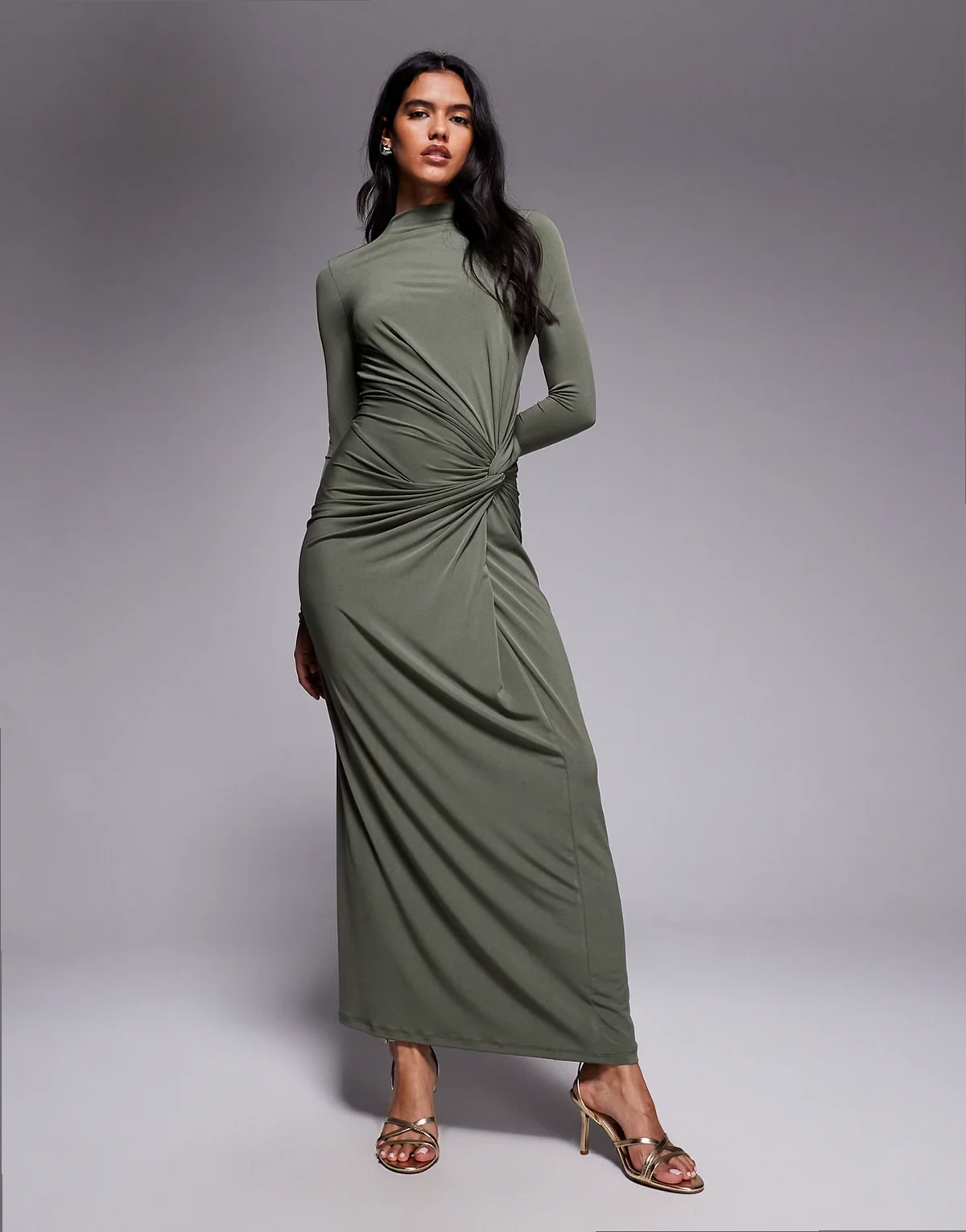 exclusive high neck maxi dress in olive