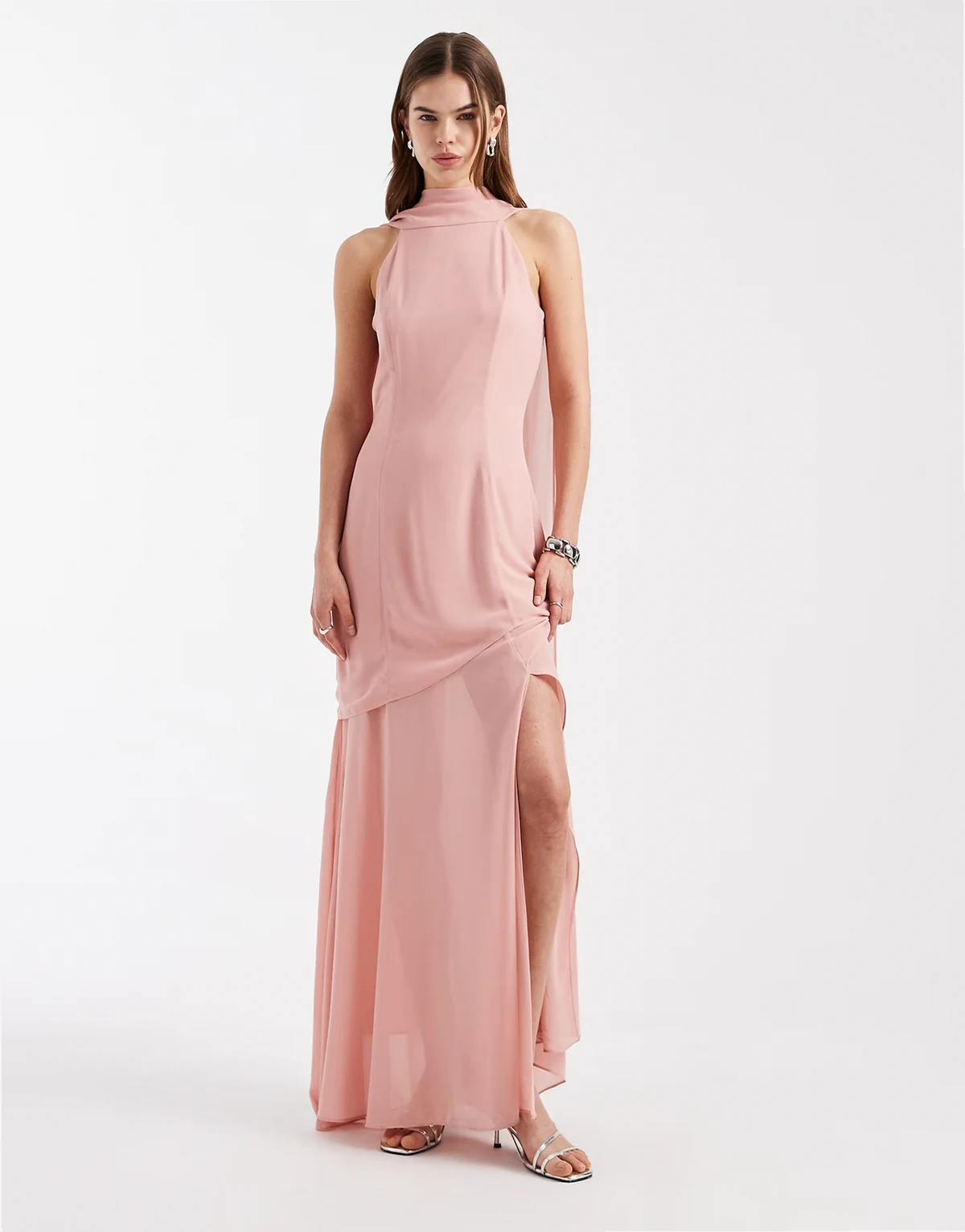 Bridesmaid chiffon halterneck scarf detail maxi dress with sheer skirt in pink