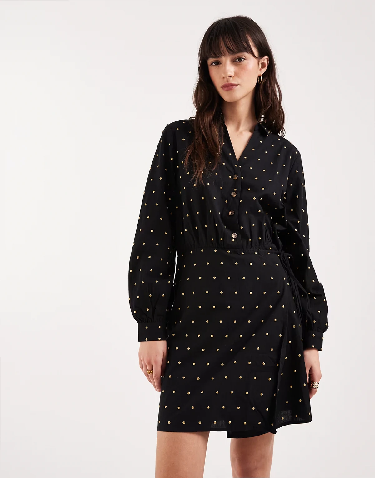 cotton iron-on detailing mini wrap shirt dress in black