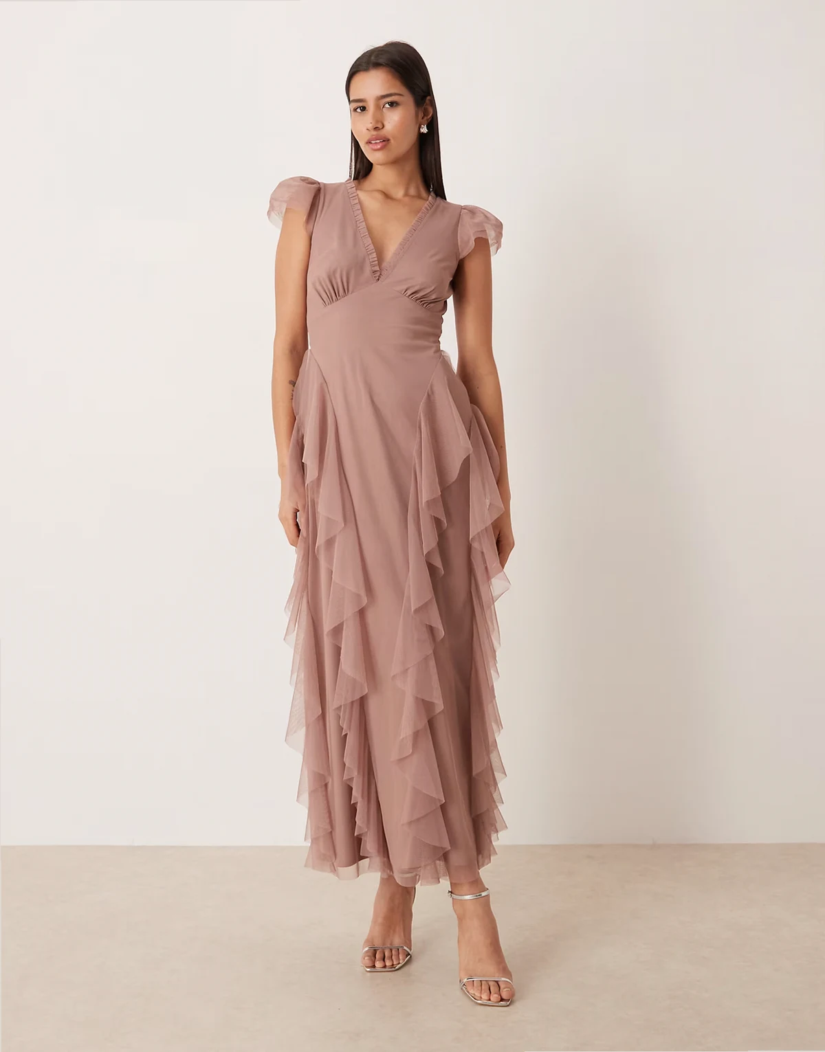 Bridesmaid ruffle frill detail v neck maxi dress in taupe