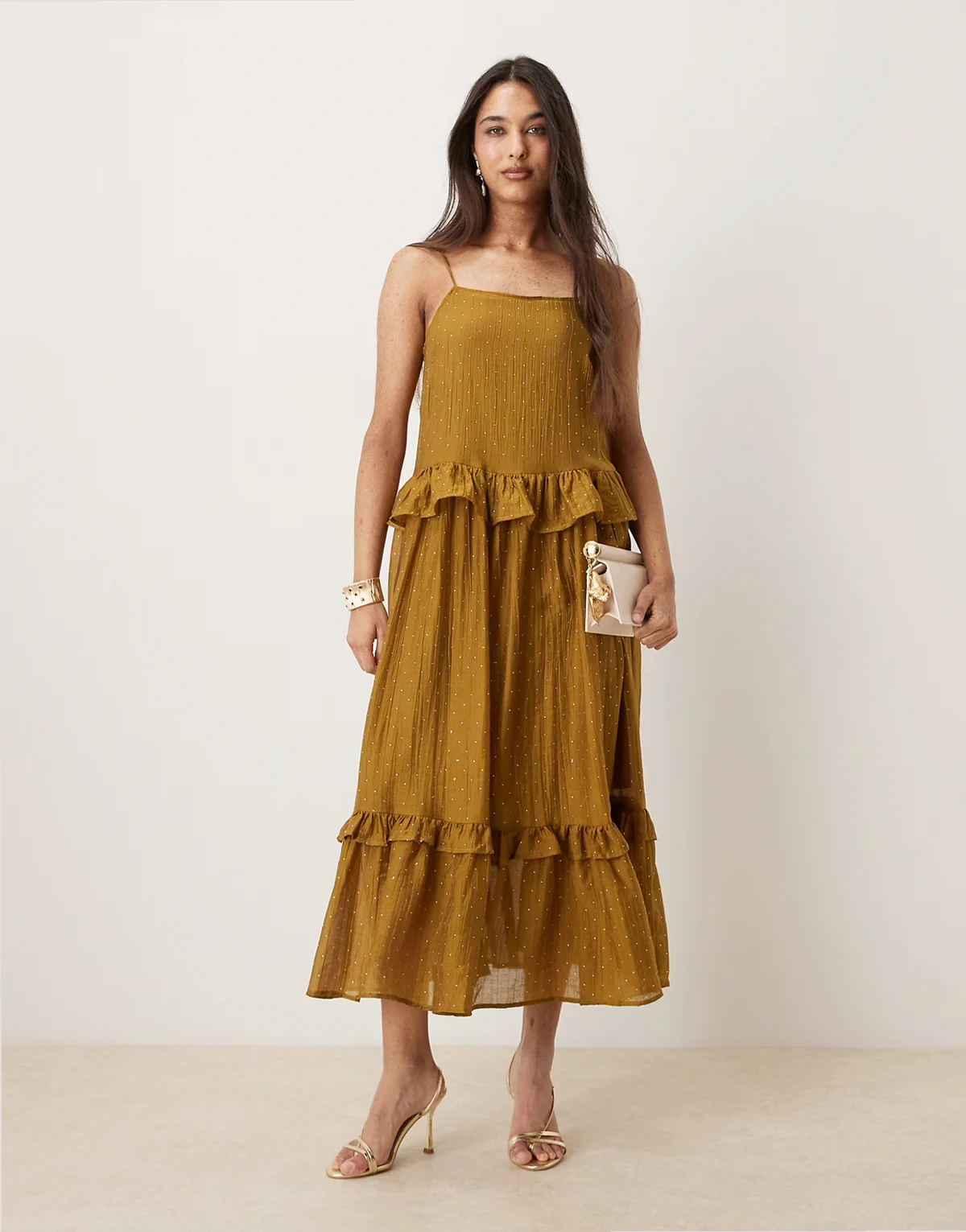 rhinestone tiered cami maxi dress in olive green