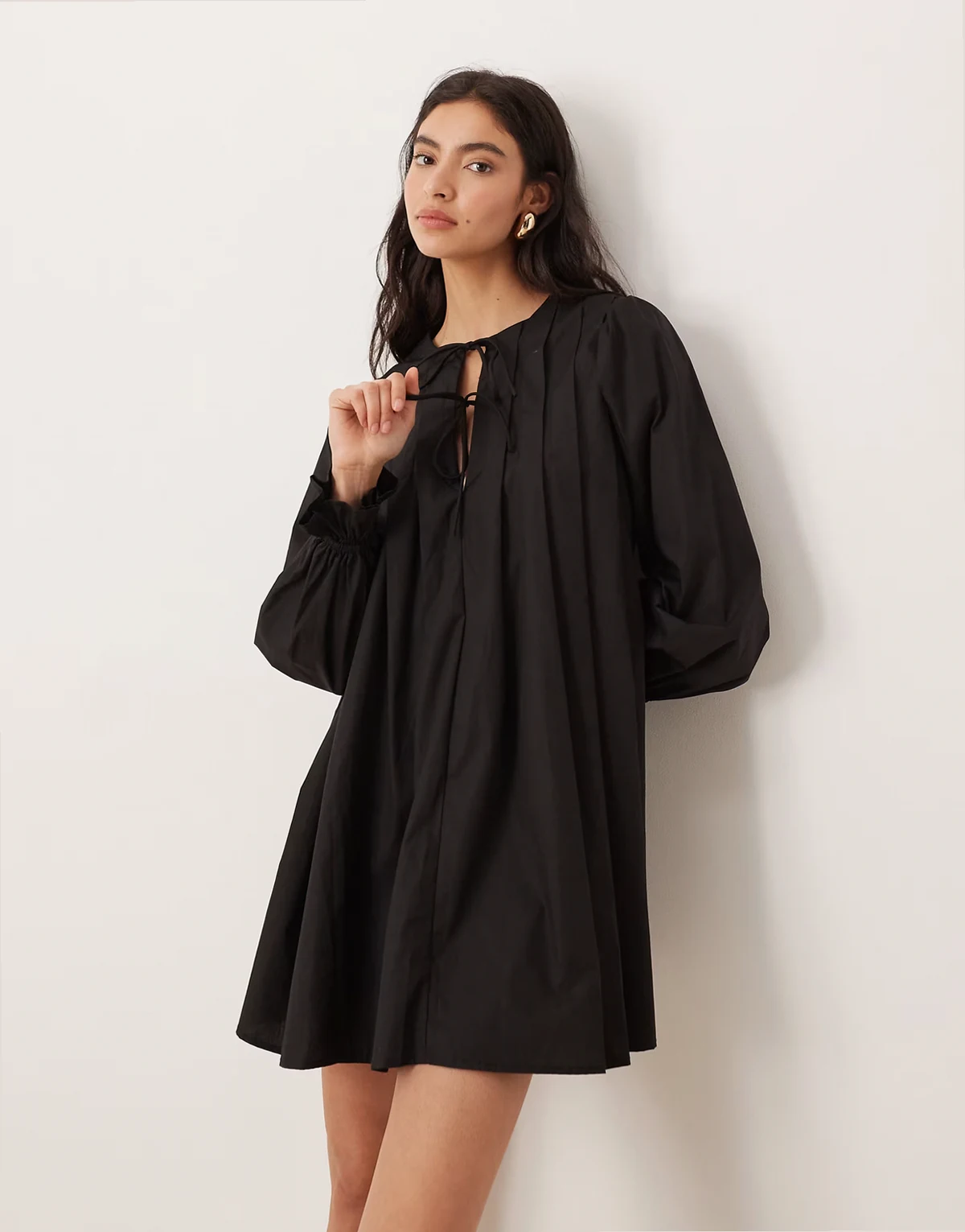 tie front long sleeve mini dress in black
