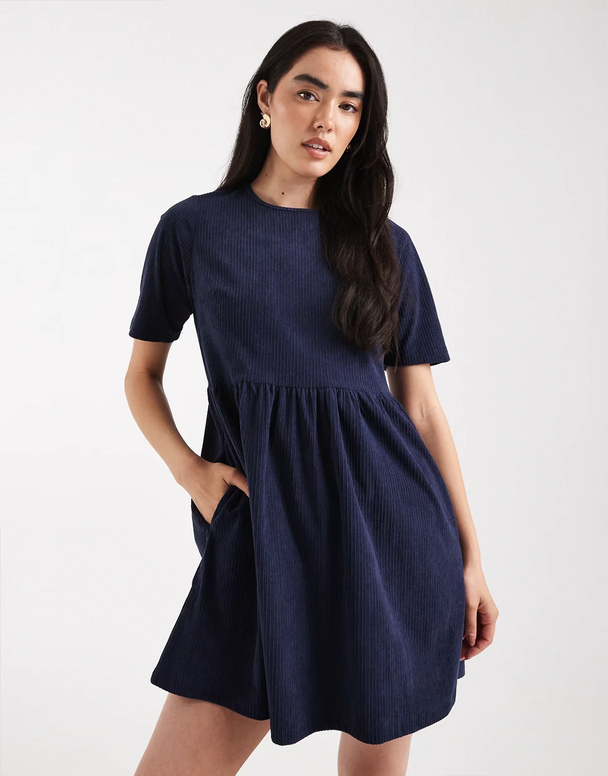 cotton look cord short sleeve mini dress in navy