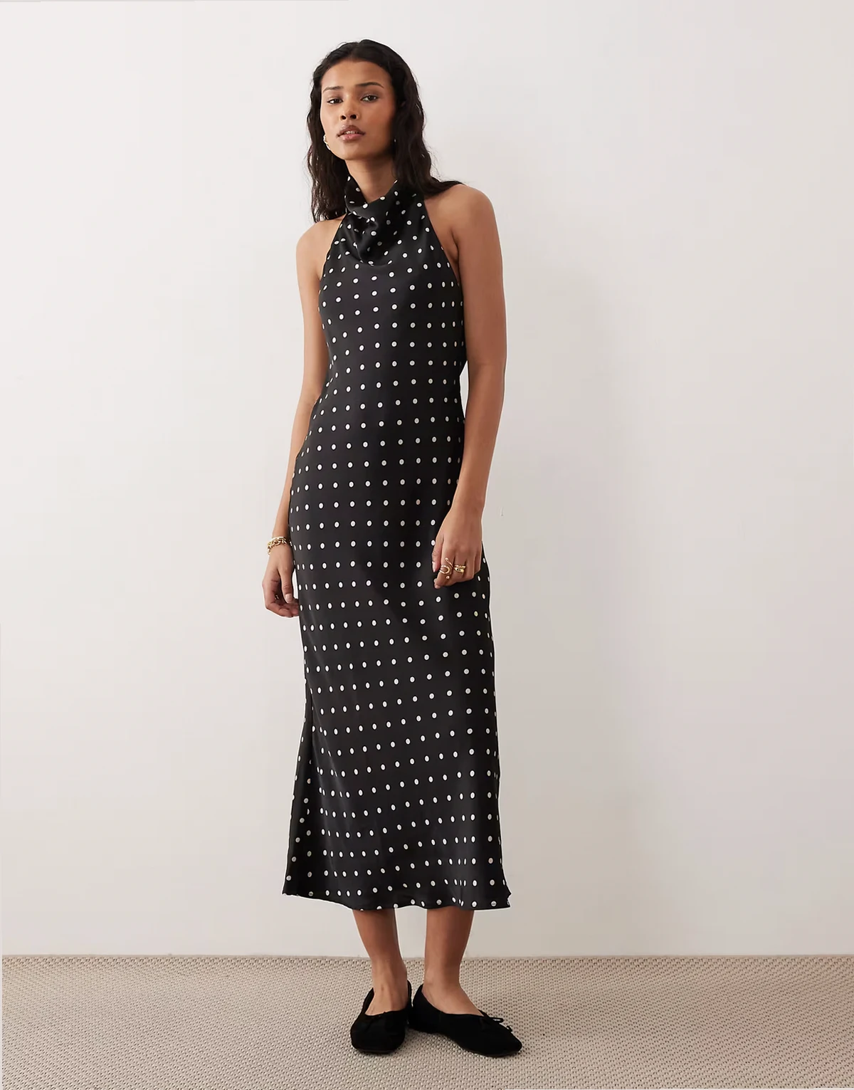 polka dot high neck slip dress in black