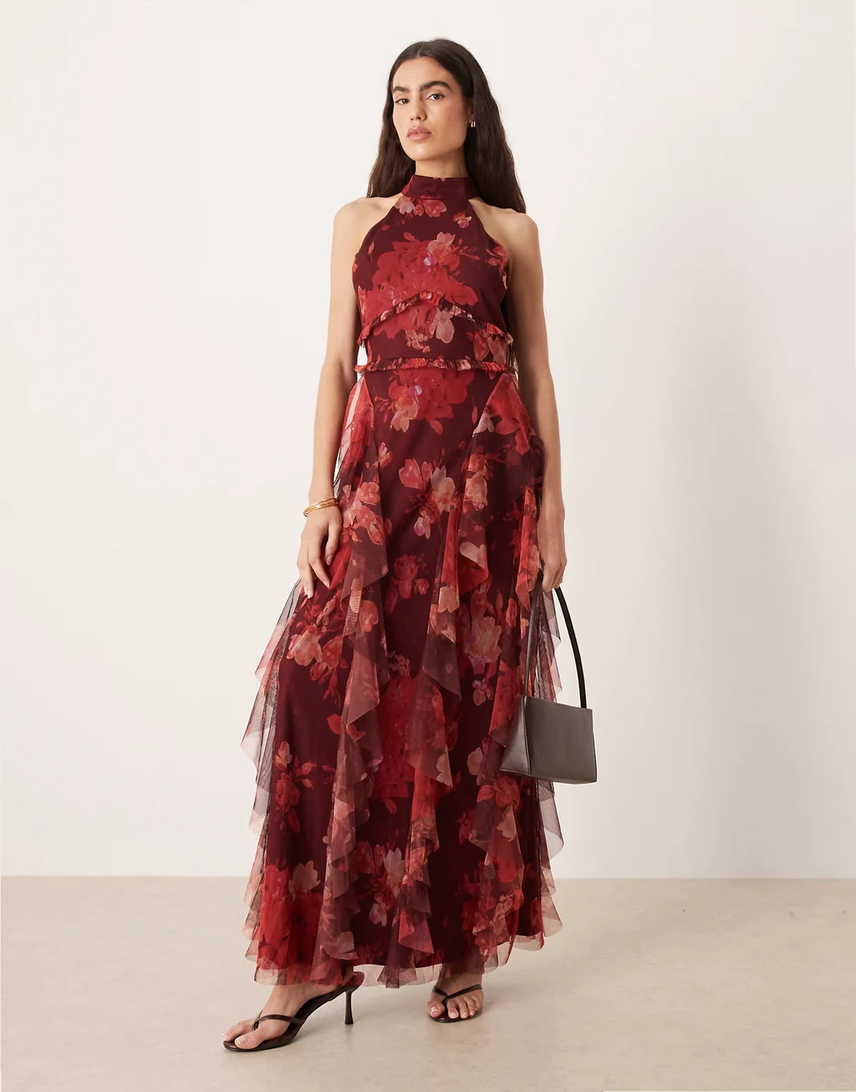 halterneck ruffle maxi dress in deep rose print
