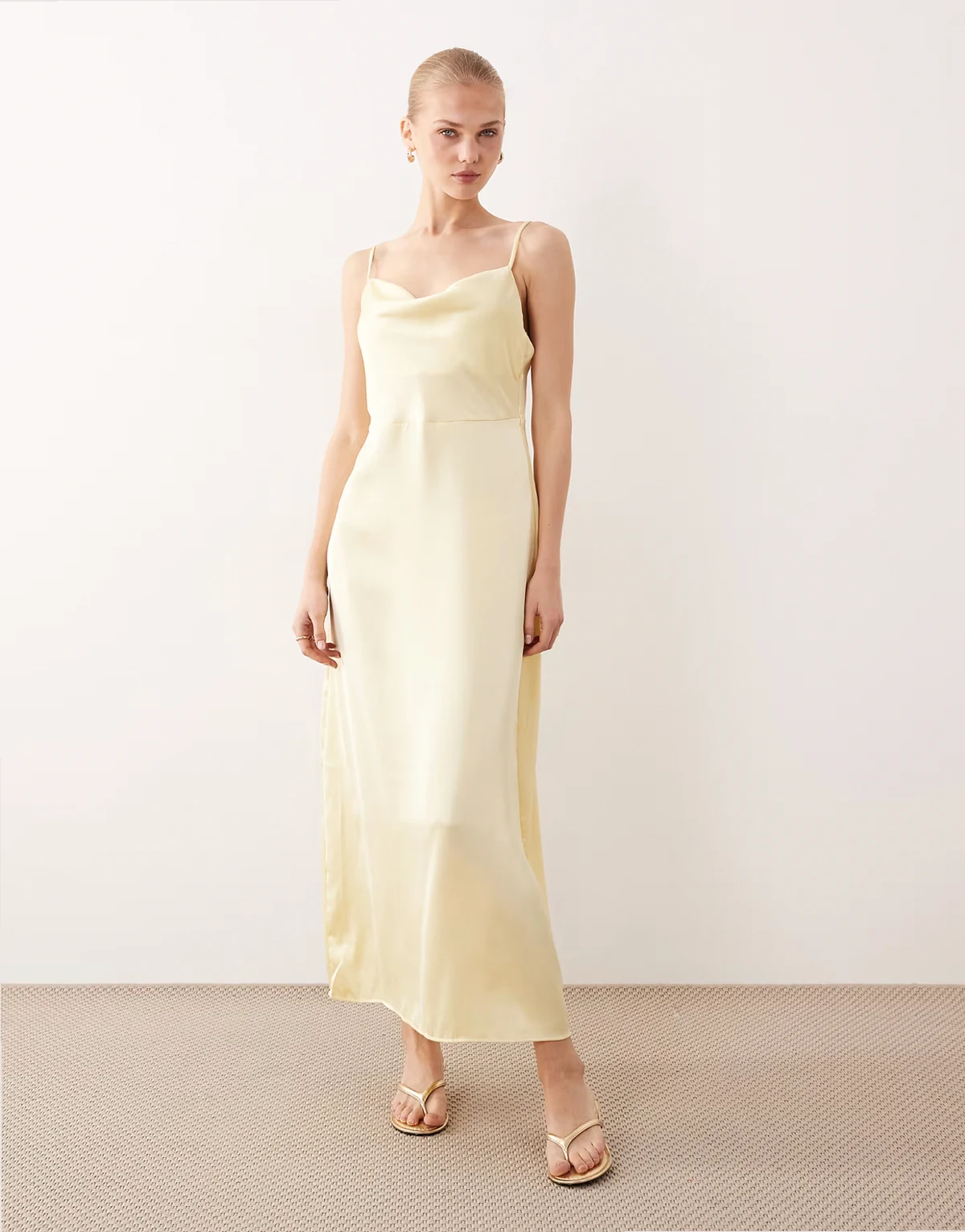 satin cowl neck maxi dress in pastel yellow