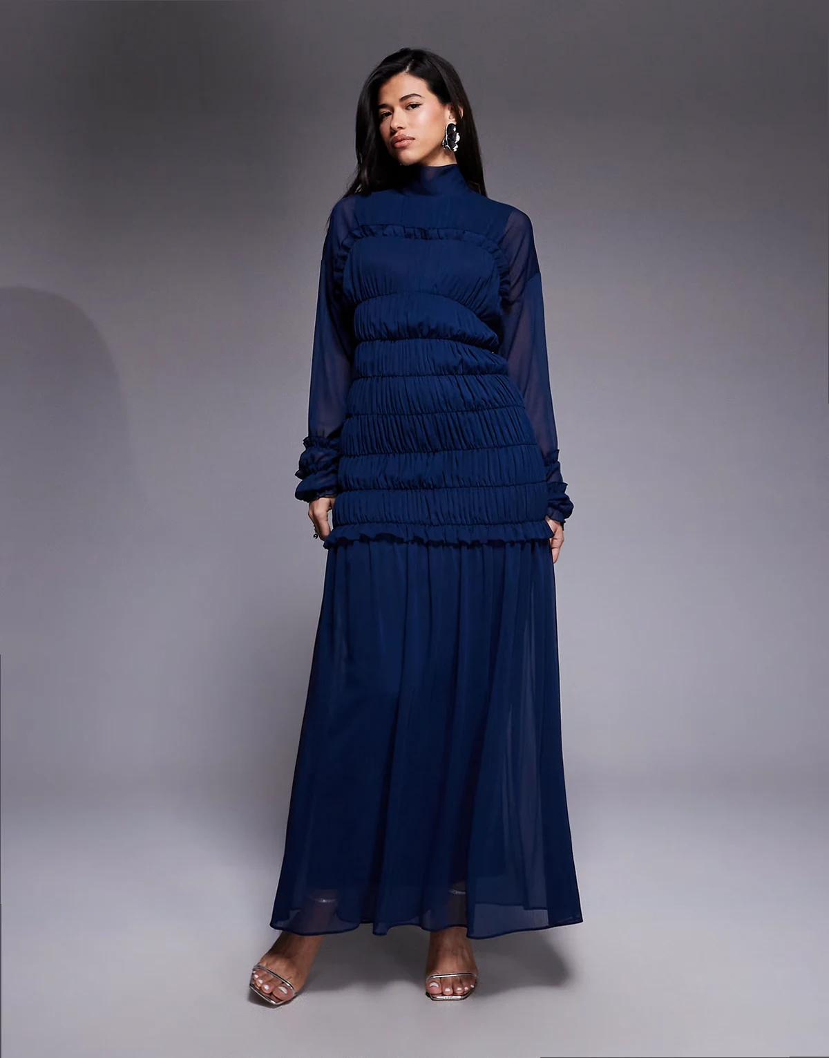 chiffon high neck shirred bodice maxi dress in navy