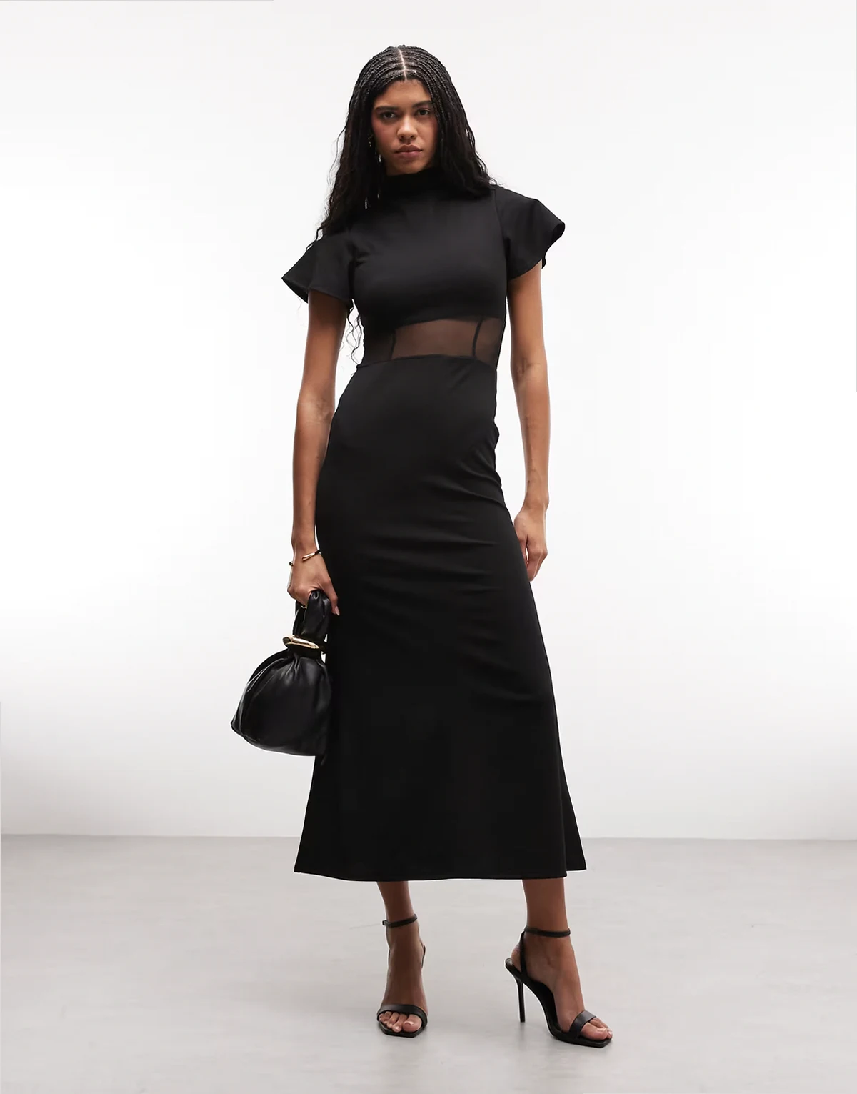 – Maxikleid in Schwarz mit Korsett-Ziernaht und Netzstoff