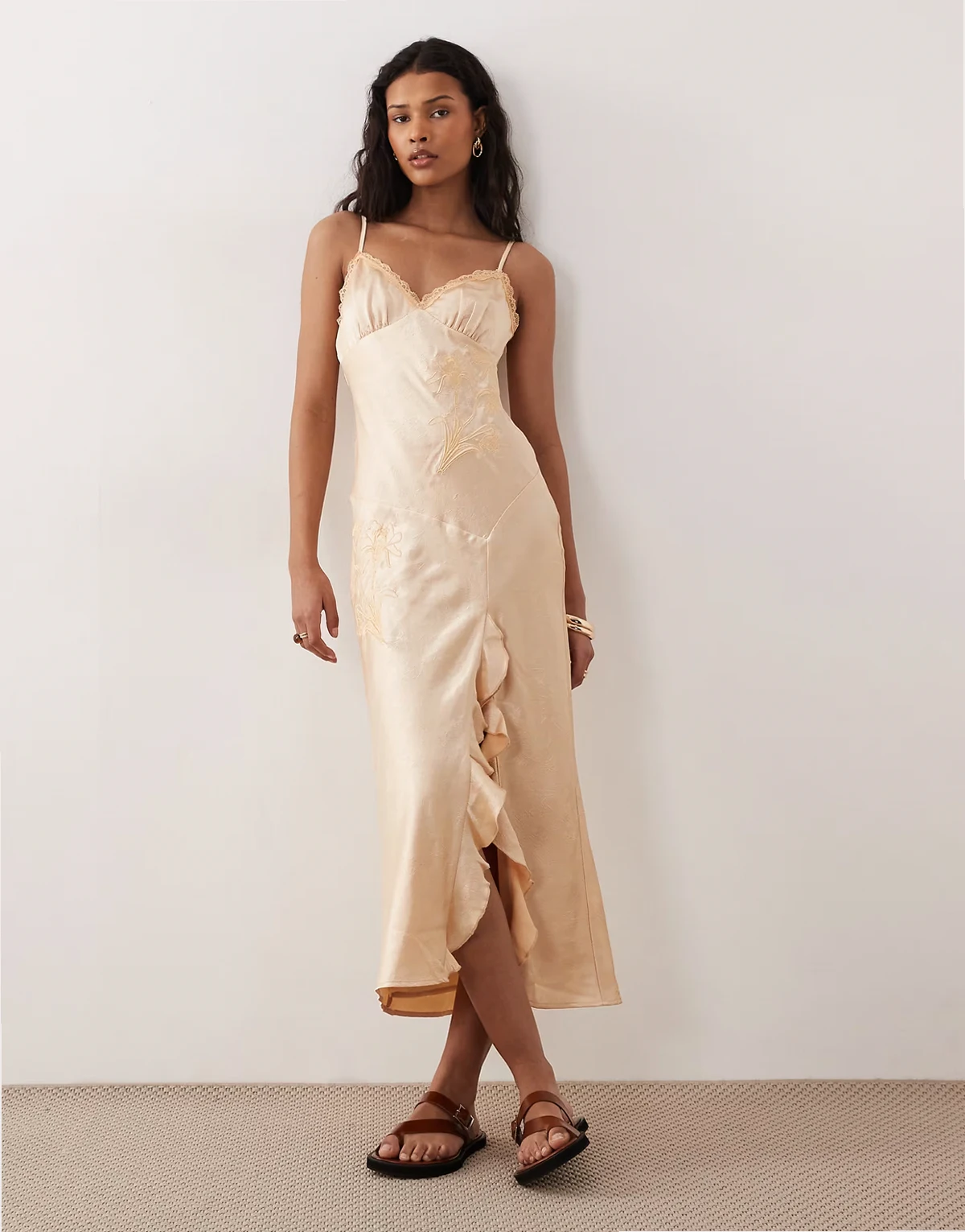 Helena embroidered satin midaxi dress in apricot