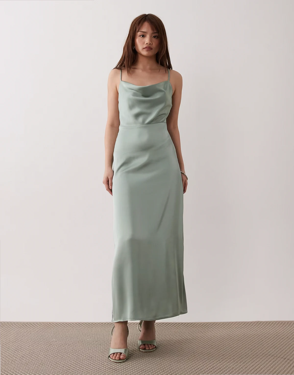 satin cowl neck cami maxi dress in milieu green