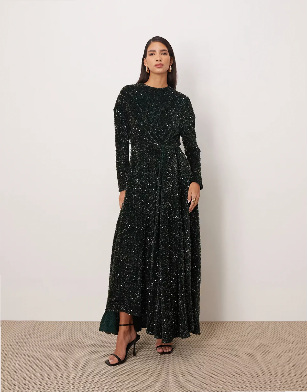 all over sequin long sleeve maxi dress in forest green