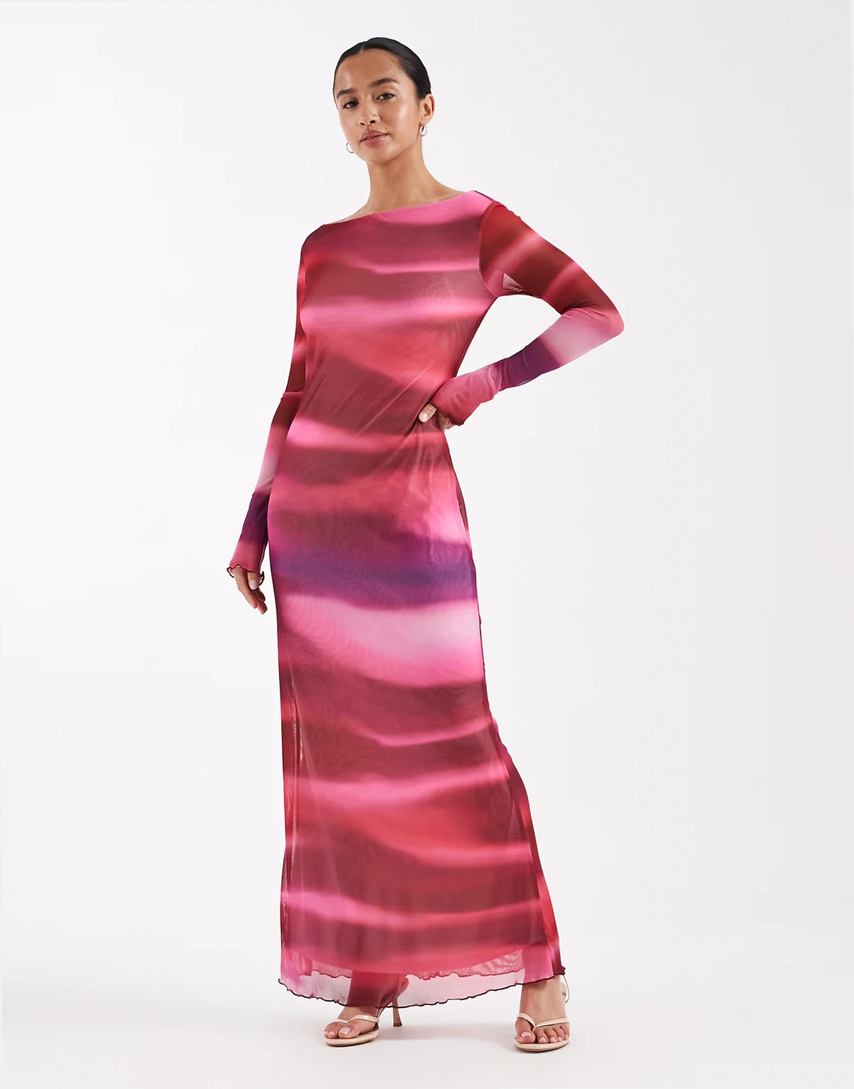 long sleeve mesh maxi dress in pink abstract print