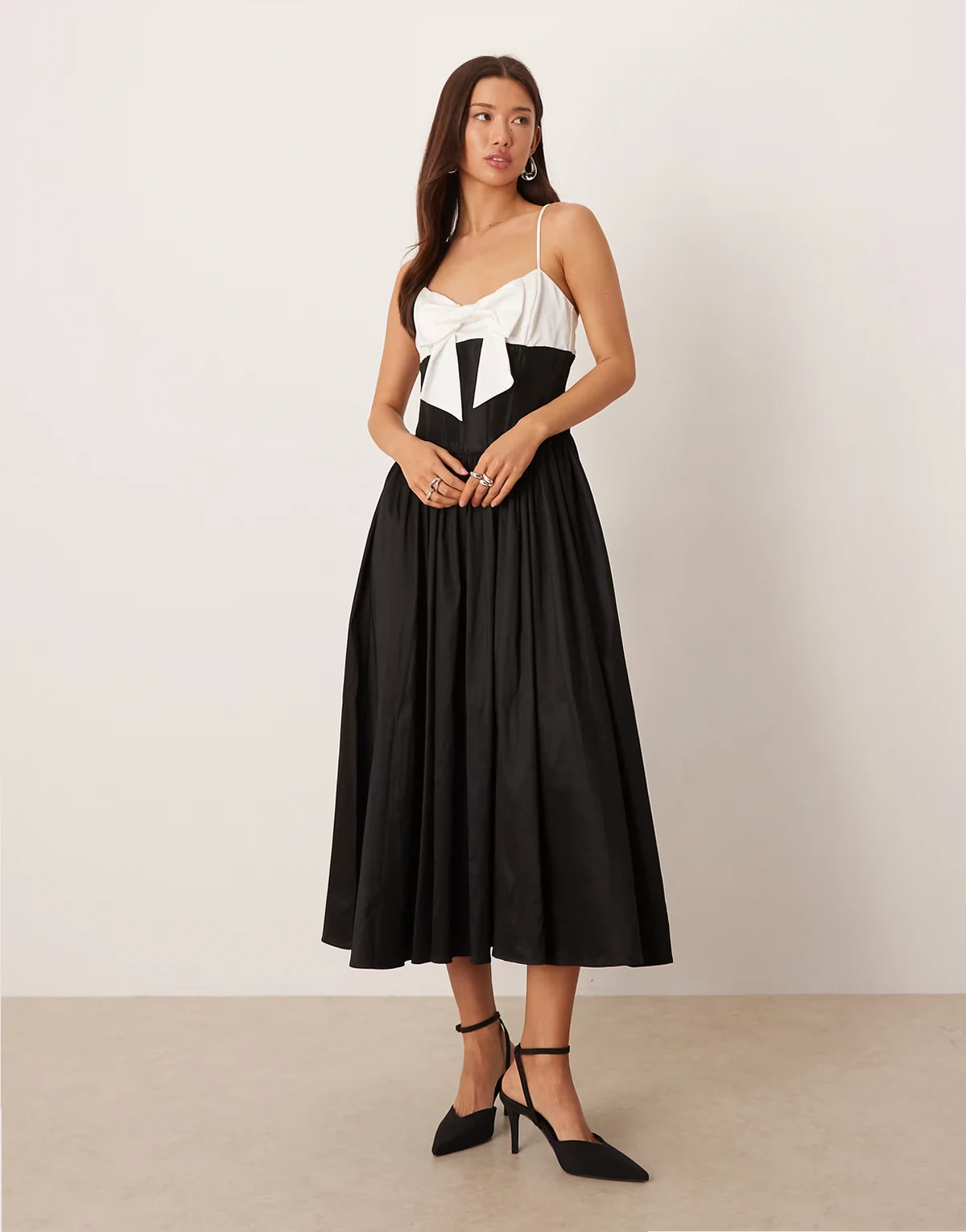 contrast bow bodice skater midi dress in black