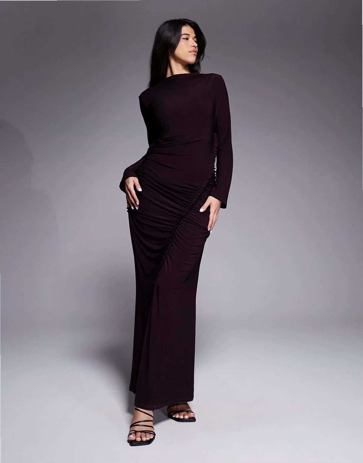 slinky ruffle seam detail ruched maxi dress in wine