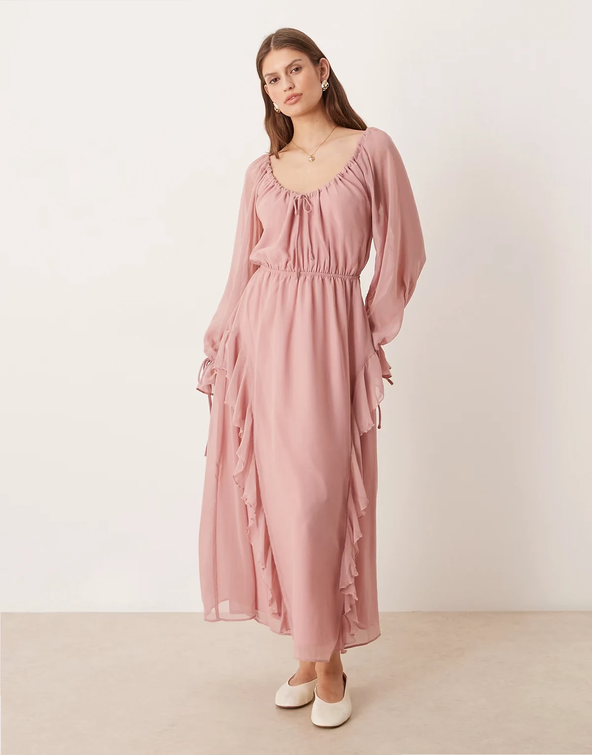 boho ruffled chiffon midaxi dress in pink blush