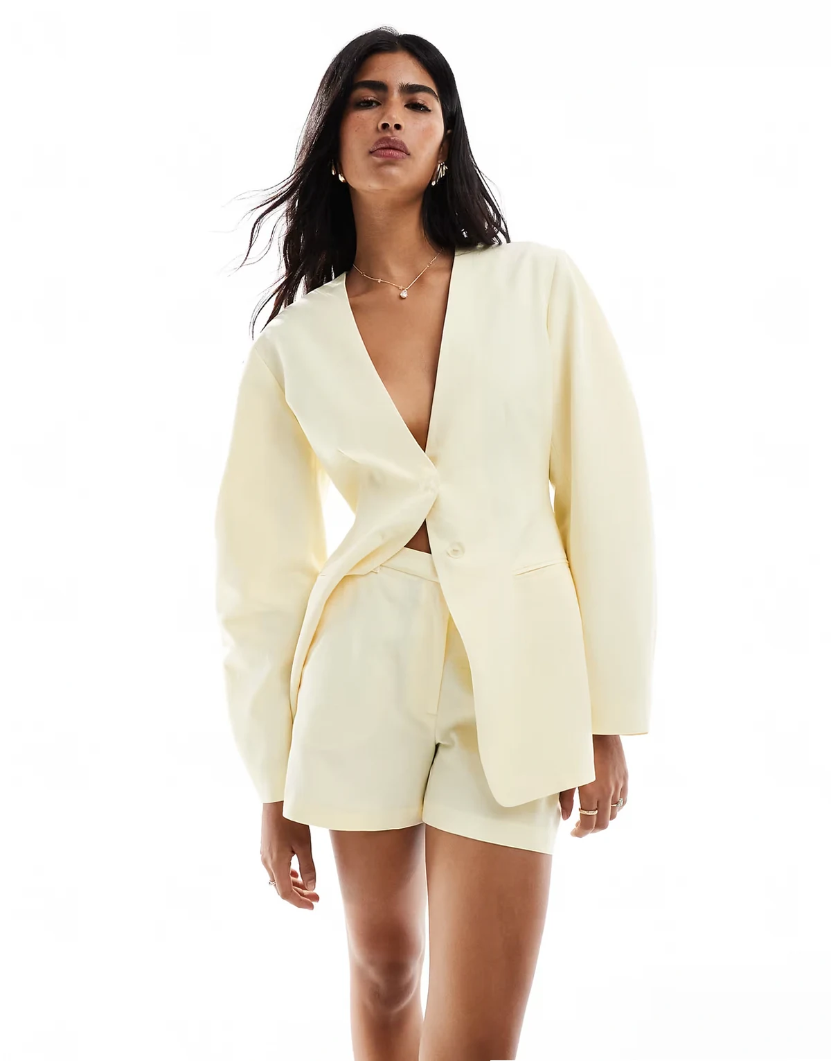 linen blend tailored longline shorts in buttermilk