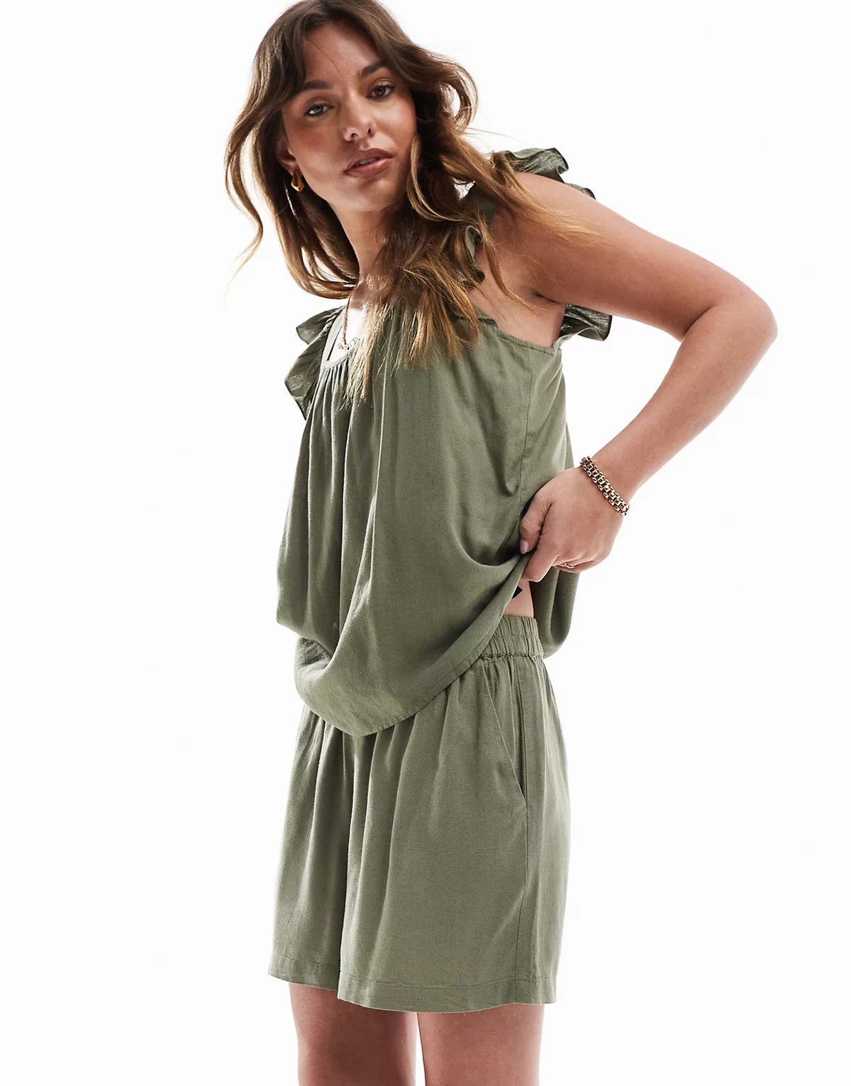 linen touch shorts in lichen green - part of a set