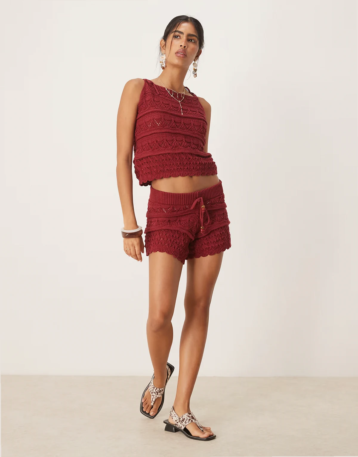 crochet knit shorts with beaded front tie in rust - part of a set