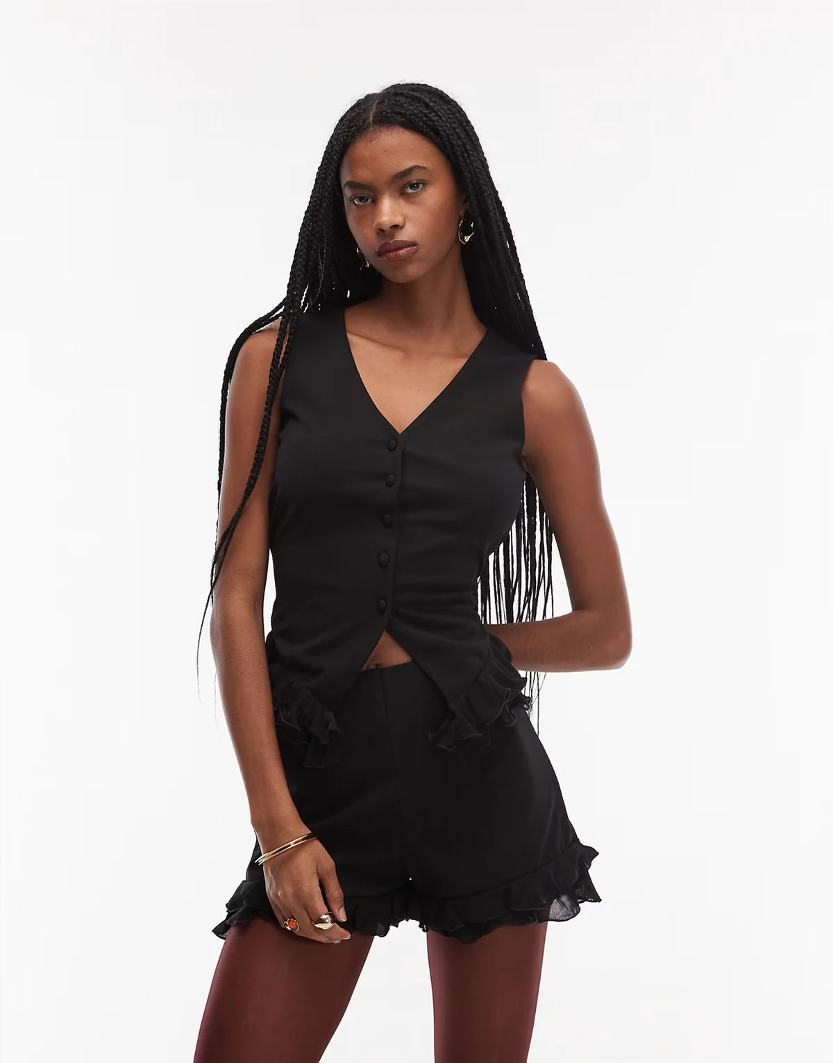 mini shorts with contrast mesh ruffle detailing in black - part of a set