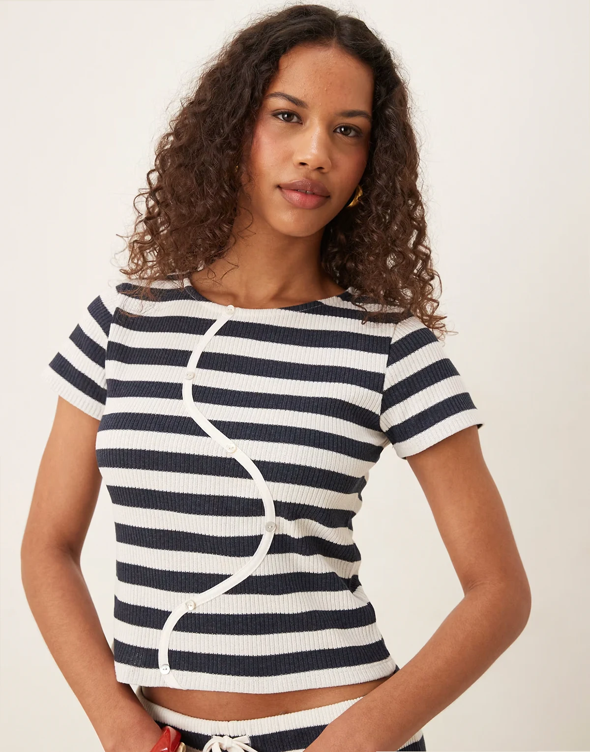 baby tee with button detail in navy and white stripe - part of a set