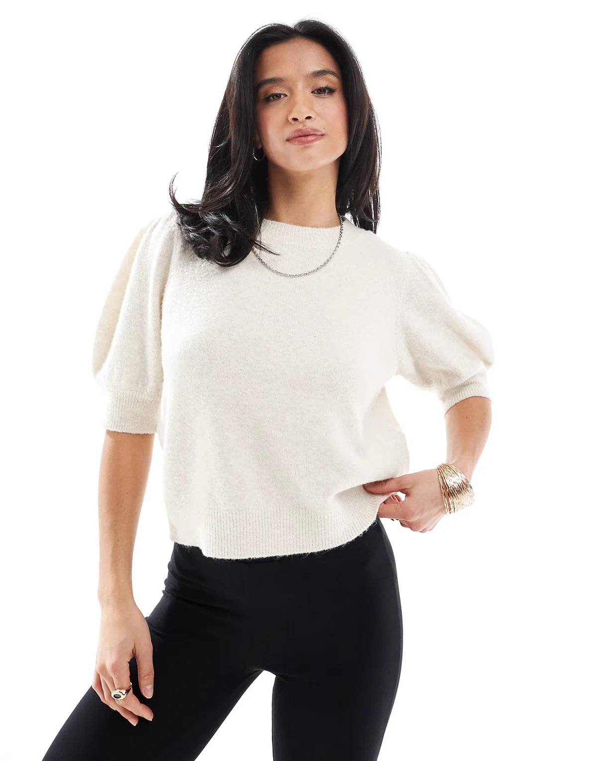 knitted puff sleeve t-shirt in cream