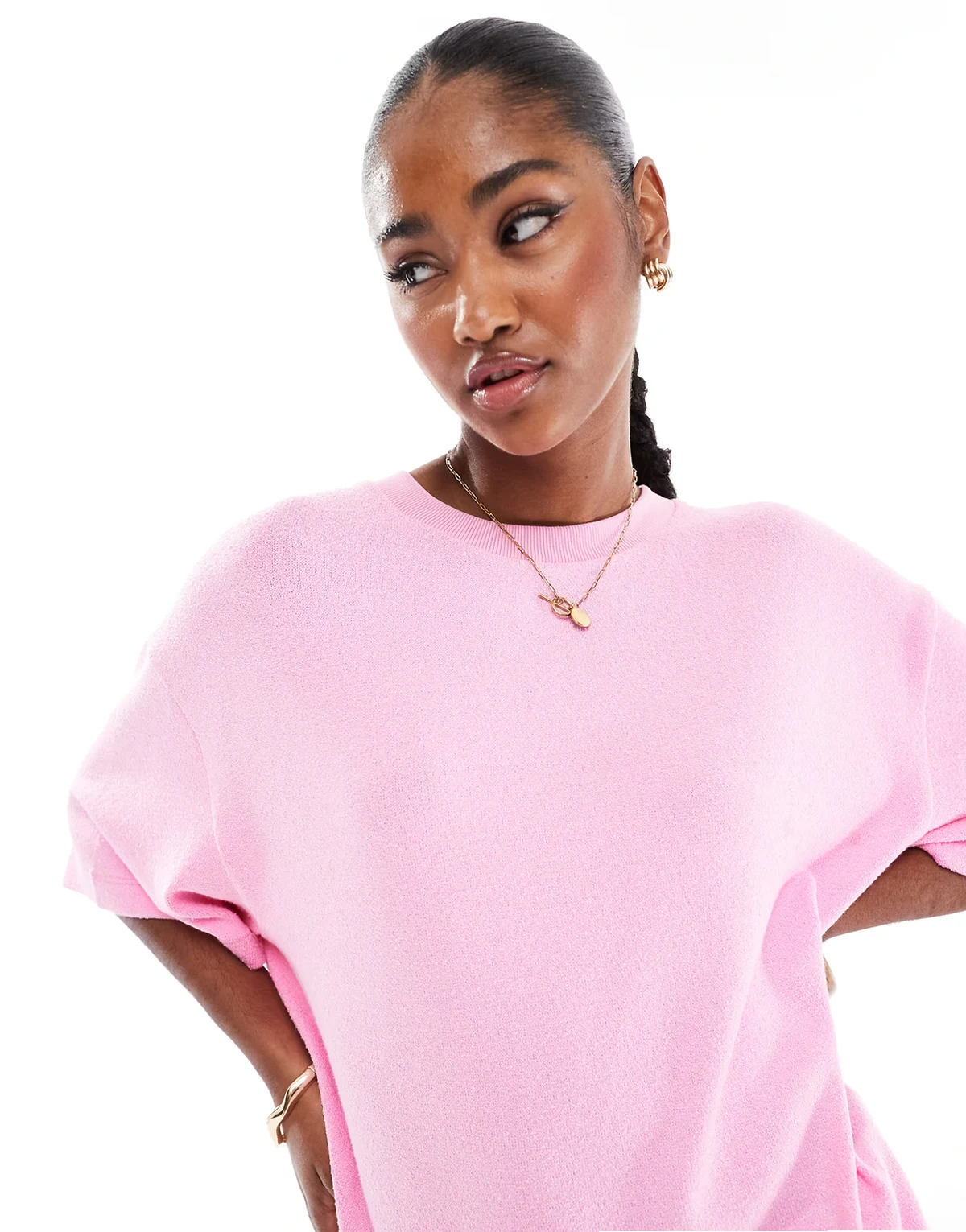 textured knit oversized T-shirt in pink