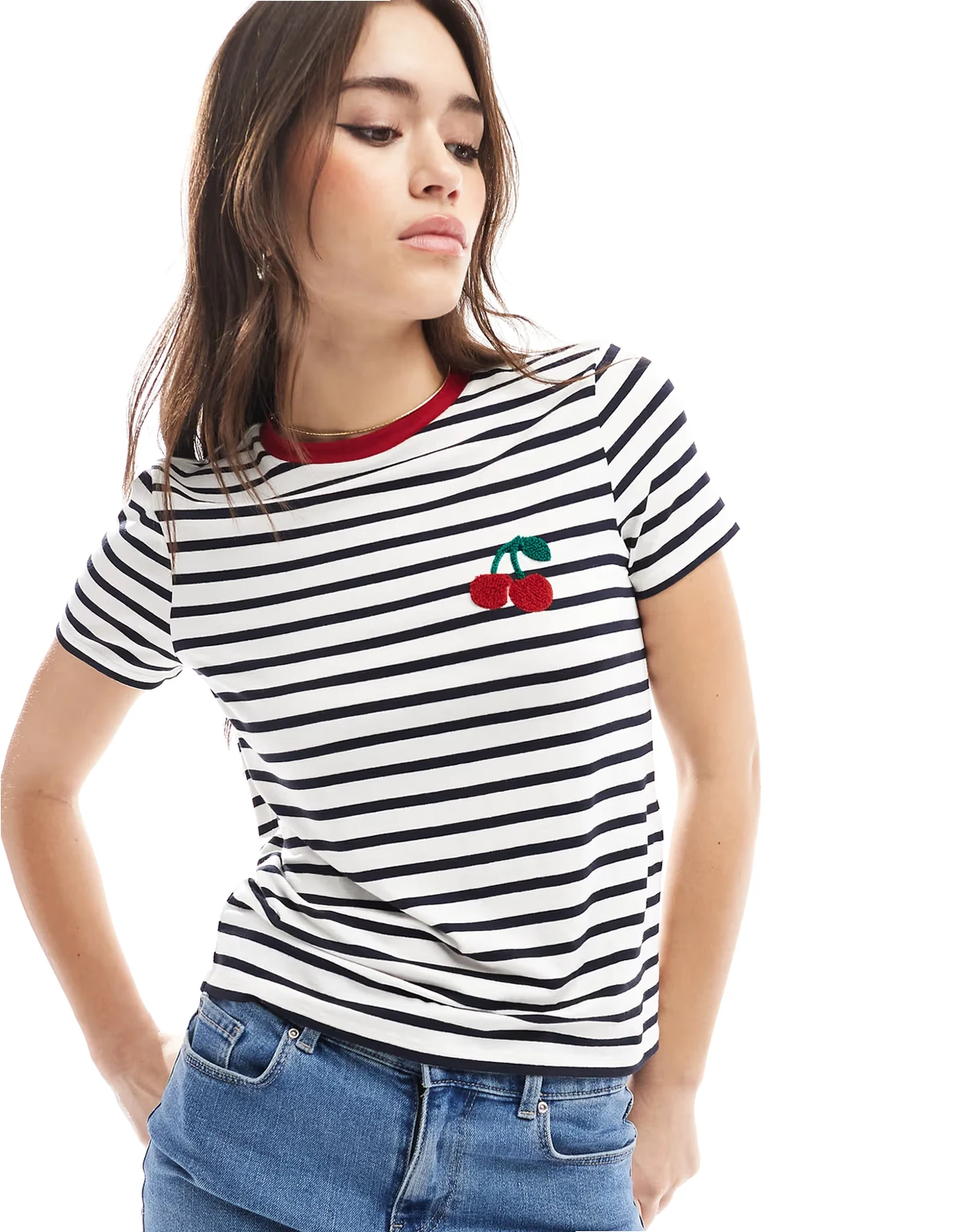 – T-Shirt in Weiß und Schwarz mit Streifen und strukturiertem Kirsch-Detail