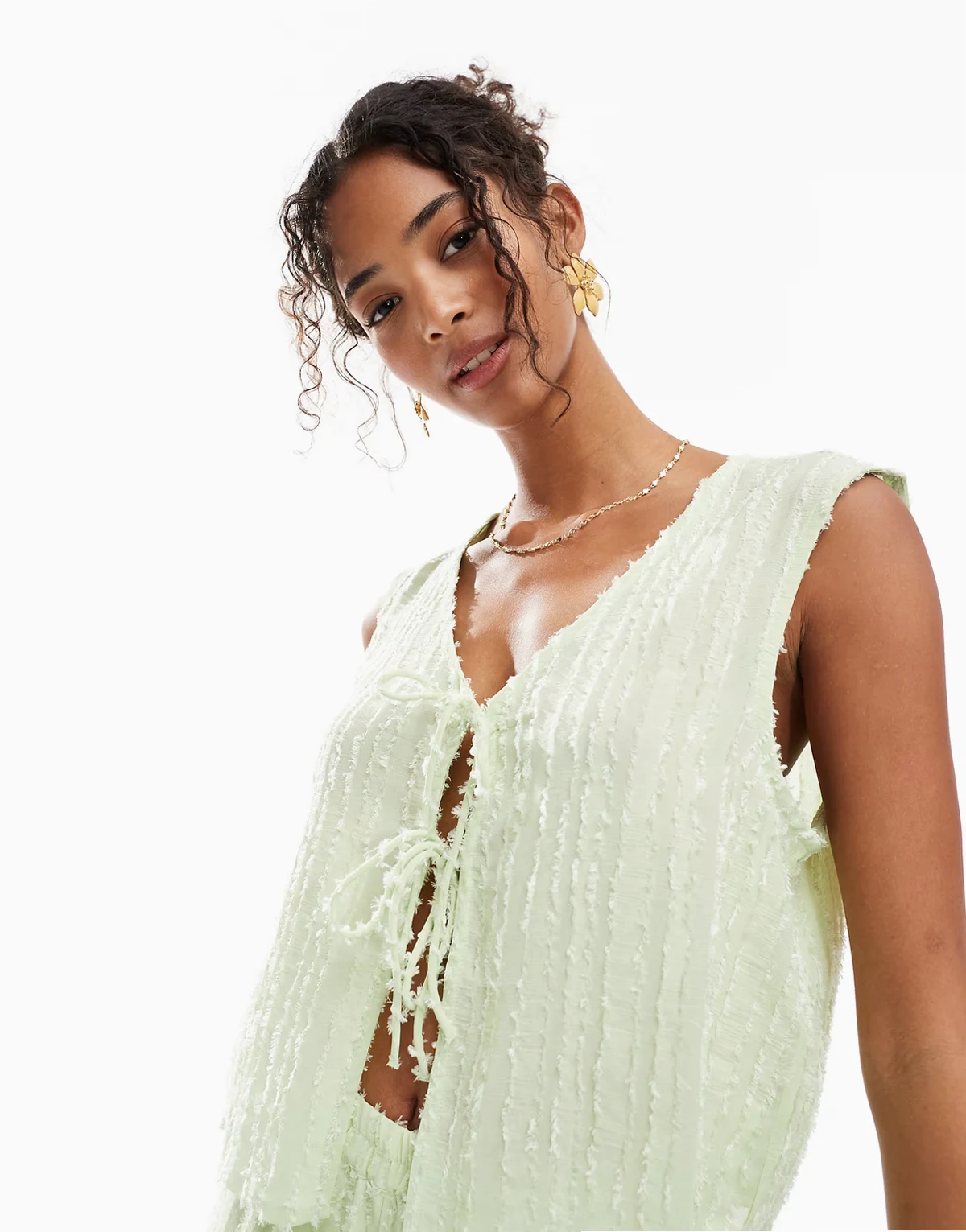 textured tie front sleeveless top in gleam green - part of a set