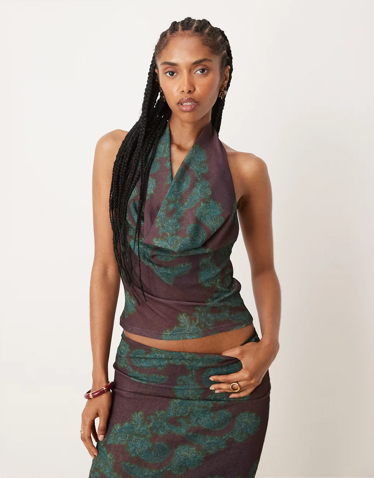 printed gauzy mesh paisley cowl top in brown - part of a set