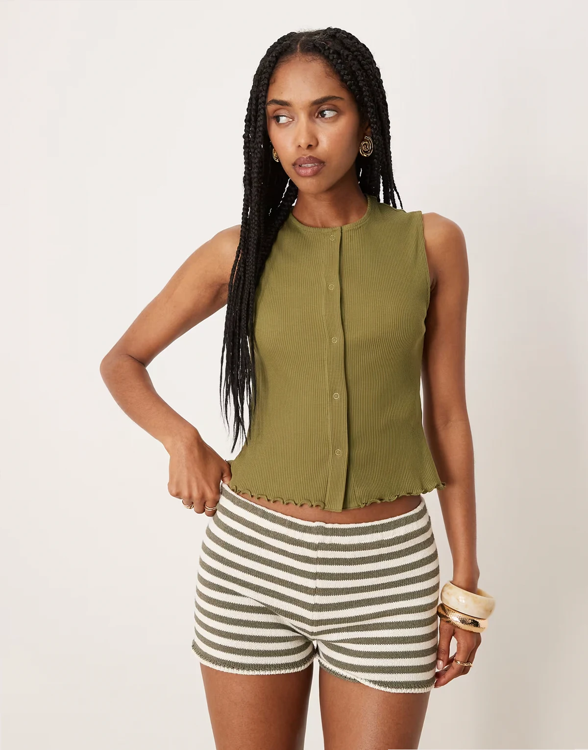 button front tank top in olive