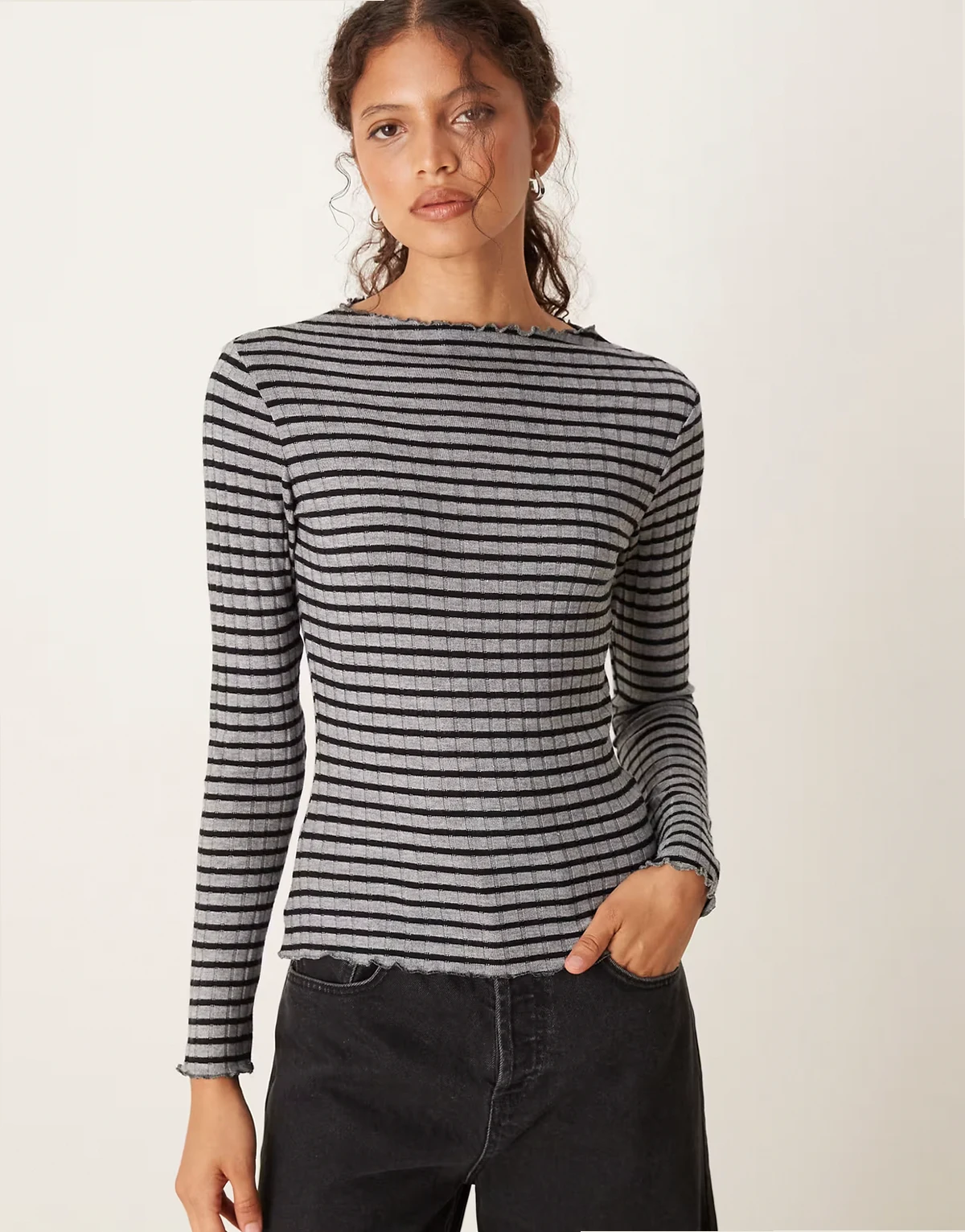 high neck ribbed striped top in black and gray