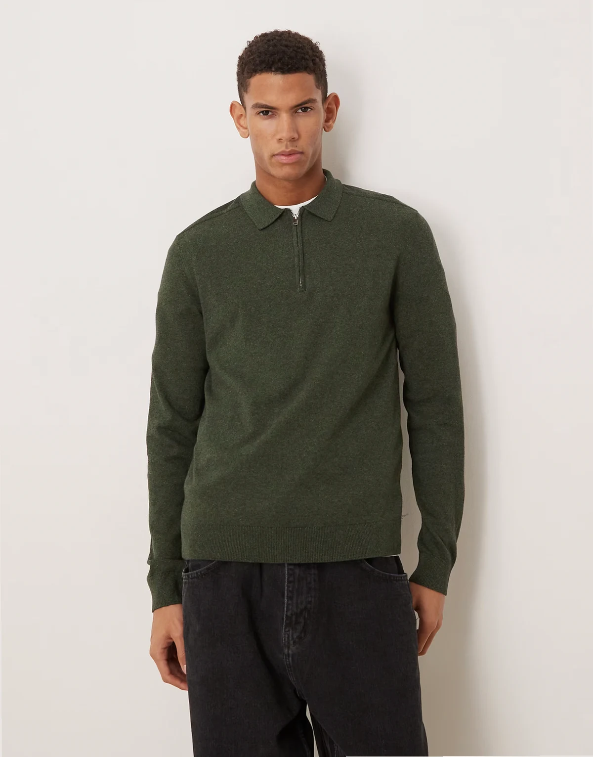 100% cotton long sleeve half zip polo in dark green