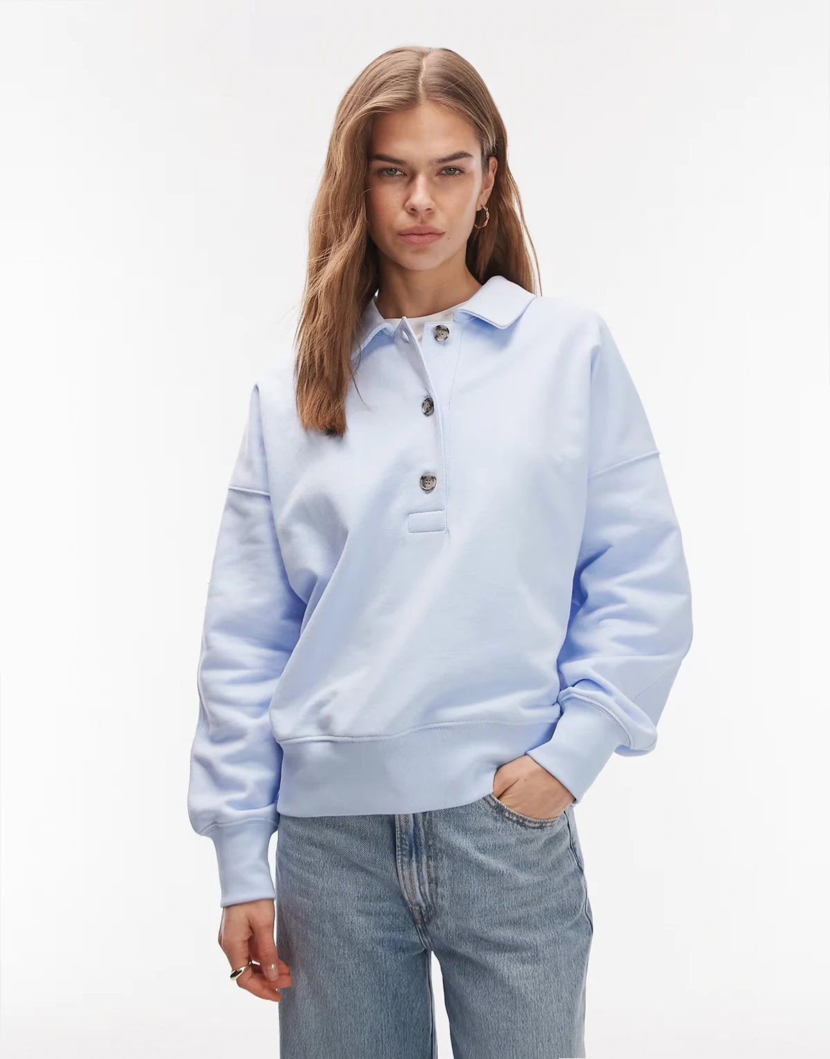 – Langärmliges Rugby-Sweatshirt aus reiner Baumwolle in verwaschenem Blau mit Polokragen