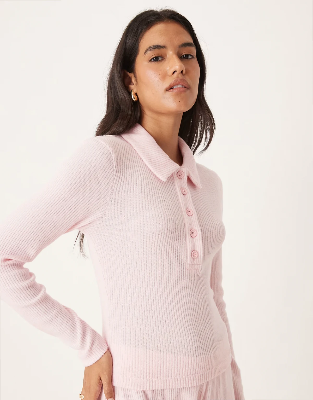 brushed rib knit long sleeve top in pink - part of a set