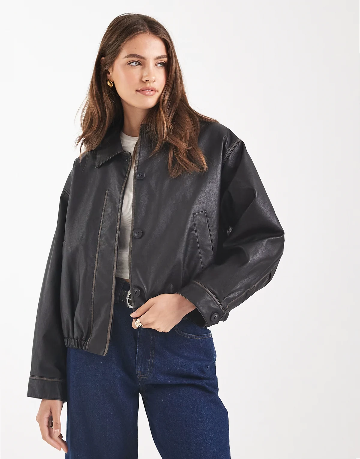 vintage wash leather look bomber jacket in washed black