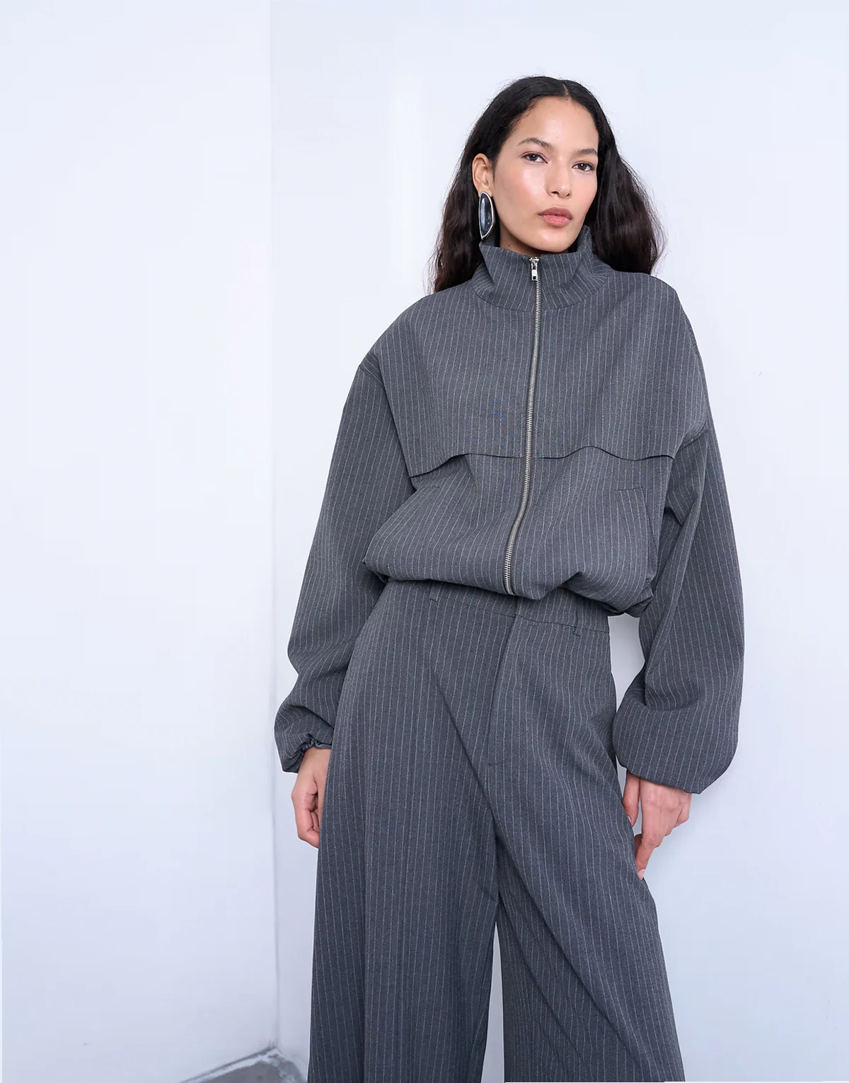 funnel neck jacket in charcoal stripe - part of a set